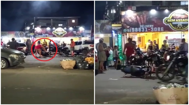 video mulher flagra marido tomando uma com a amante e quebra a moto dele em manaus