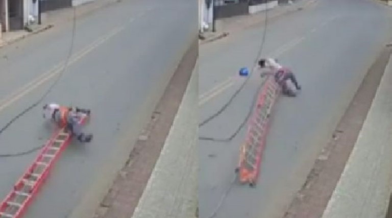 video veja momento em que carreta engata em fio e sai arrastando eletricista que tava em poste