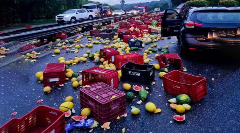 caminhao carregado de frutas tomba na br 230 mais tres veiculos se envolvem em acidente devido a frutas espalhadas na pista