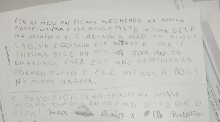 Em carta, criança de 9 anos relata ter sido estuprada pelo pai e avô: 'Doía muito, mas ele continuava' 1 em carta crianca de 9 anos relata ter sido estuprada pelo pai e avo doia muito mas ele continuava