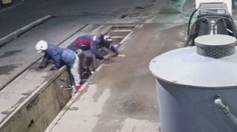 video ladroes tentam fugir e caem na fossa do posto de combustivel