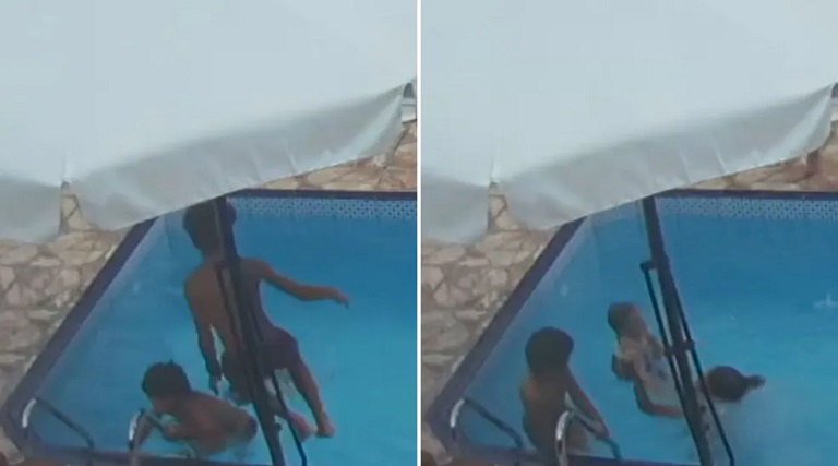 video menino de 8 anos pula em piscina e salva bebe que se afogava
