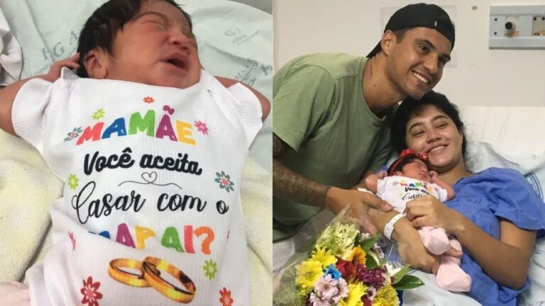 Homem veste roupinha em filha recém-nascida com pedido: ‘mamãe, você aceita casar com o papai?’