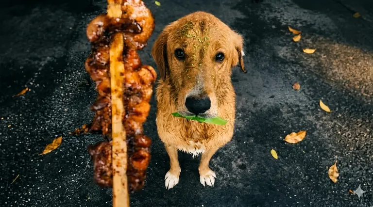 Cachorro tenta pagar espetinho com folha